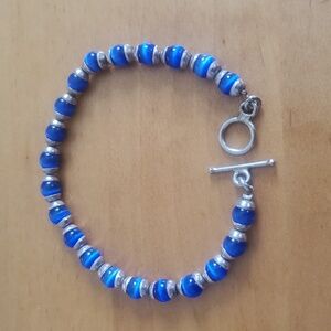 Vintage 925 Sterling Blue Cat Eye Beads  Bracelet 8"